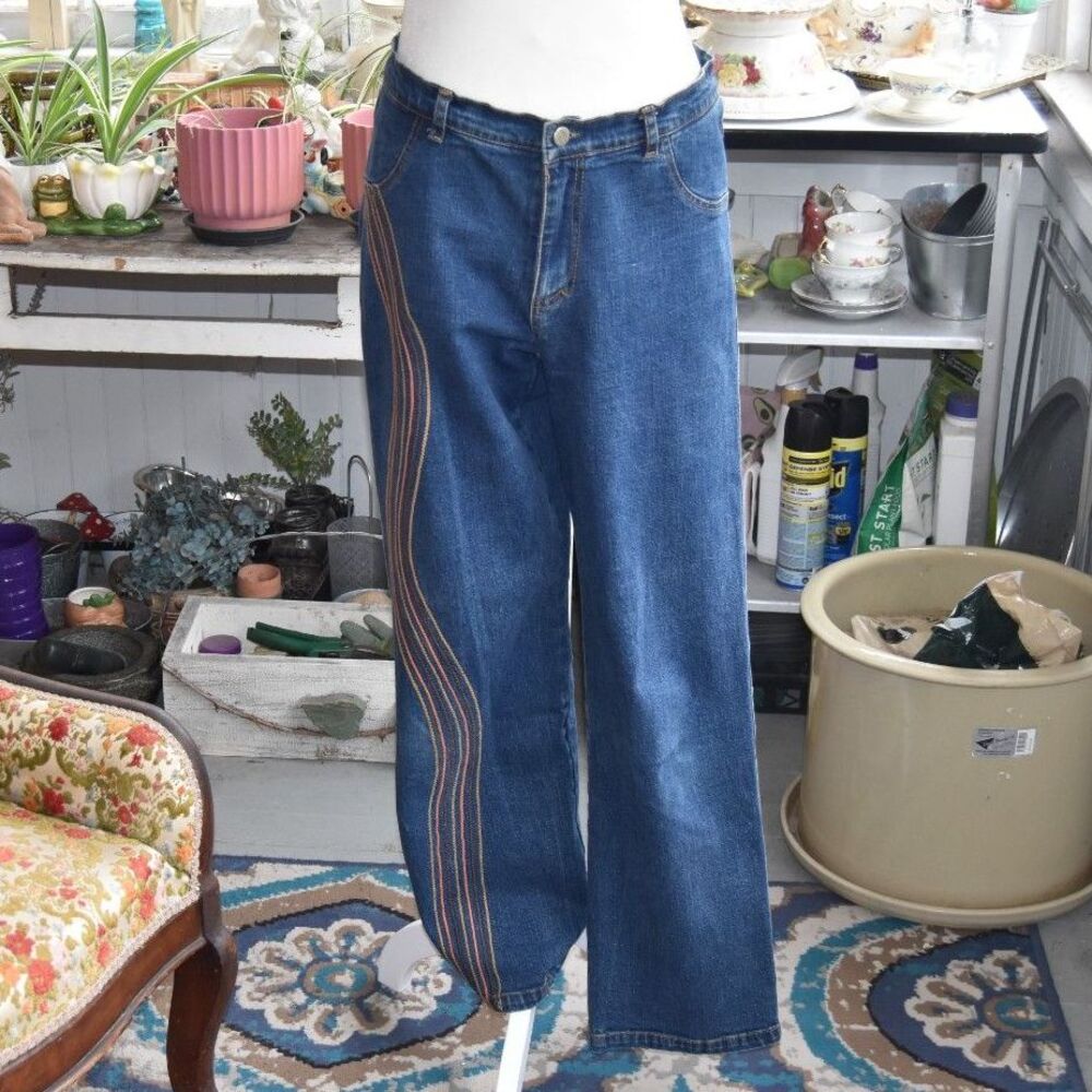 Y2K Led’Jo Wide Leg Jeans Women’s 30 Blue Denim Orange Curved Stitch Brazil